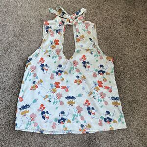 Floral Halter Neck Deep V-Neck Silky Feel Blouse Shirt Size Medium